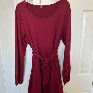 Long Sleeve A Line Dress with Crew Neck and Waist Tie - Burgundy - Large